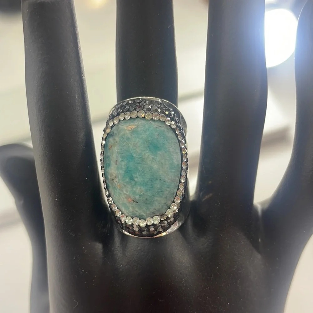 Amanzonite faceted cocktail ring, silver, turquoise,AdjustableSize 6.5 - Picture 6 of 6